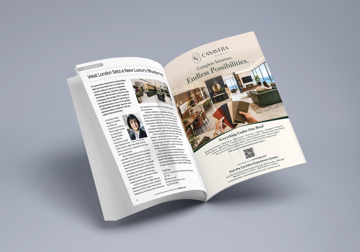 An open printed brochure or magazine spread shown on a clean light gray background. 