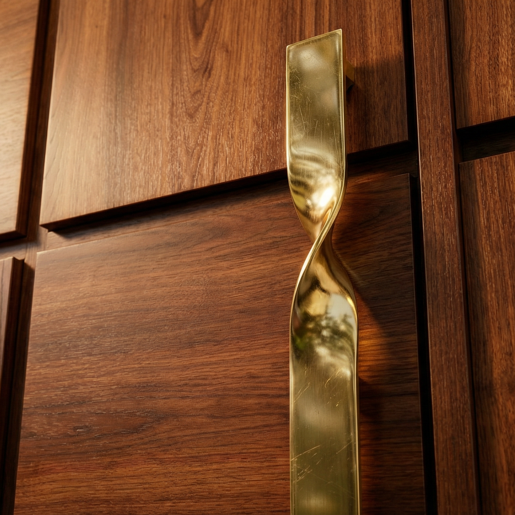 Walnut Grid Double with Sculptural Brass Pull Bar
