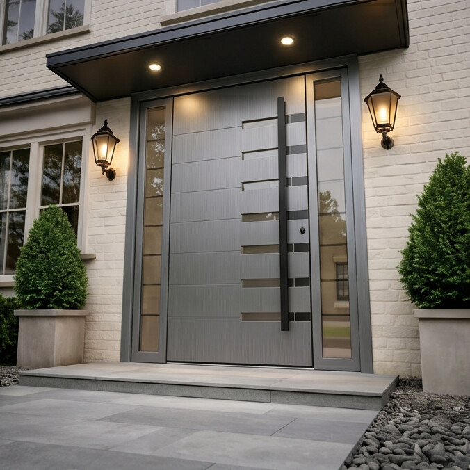 Slate Grey Horizontal Line Single with Frosted Glass Insets & Sidelights