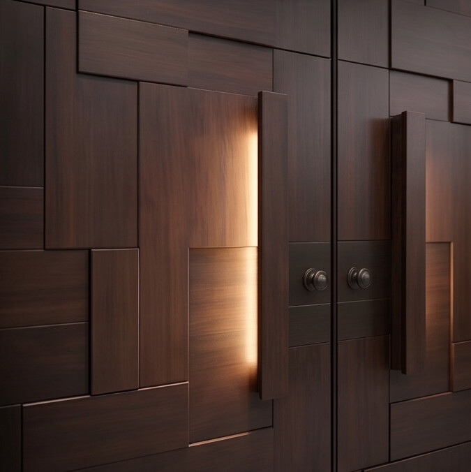 Walnut Geometric Relief Double with Illuminated Central Spine