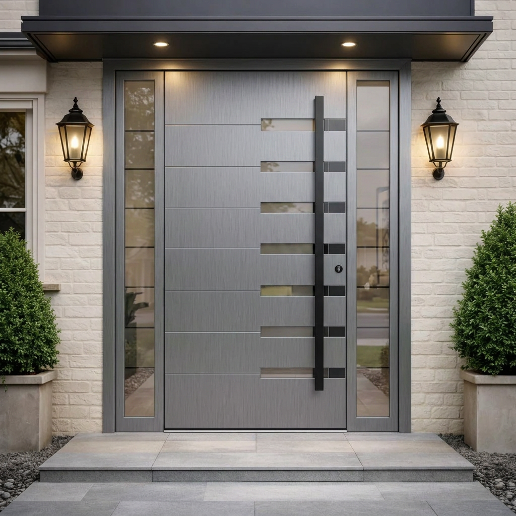 Slate Grey Horizontal Line Single with Frosted Glass Insets & Sidelights