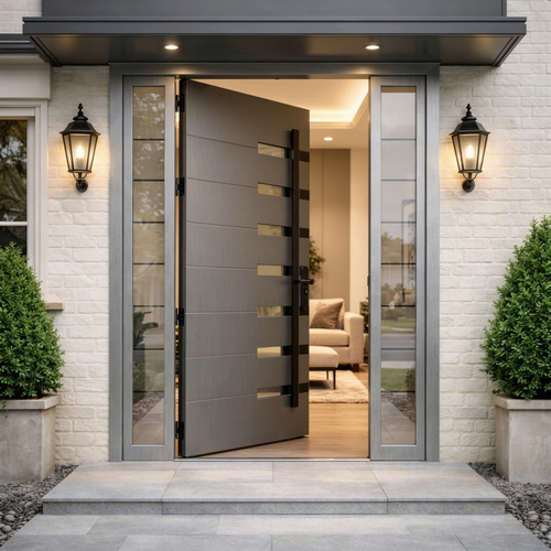 Slate Grey Horizontal Line Single with Frosted Glass Insets & Sidelights