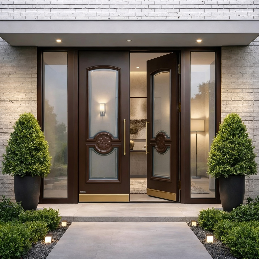 Dark Mahogany Arched Frosted Double with Floral Relief & Sidelights
