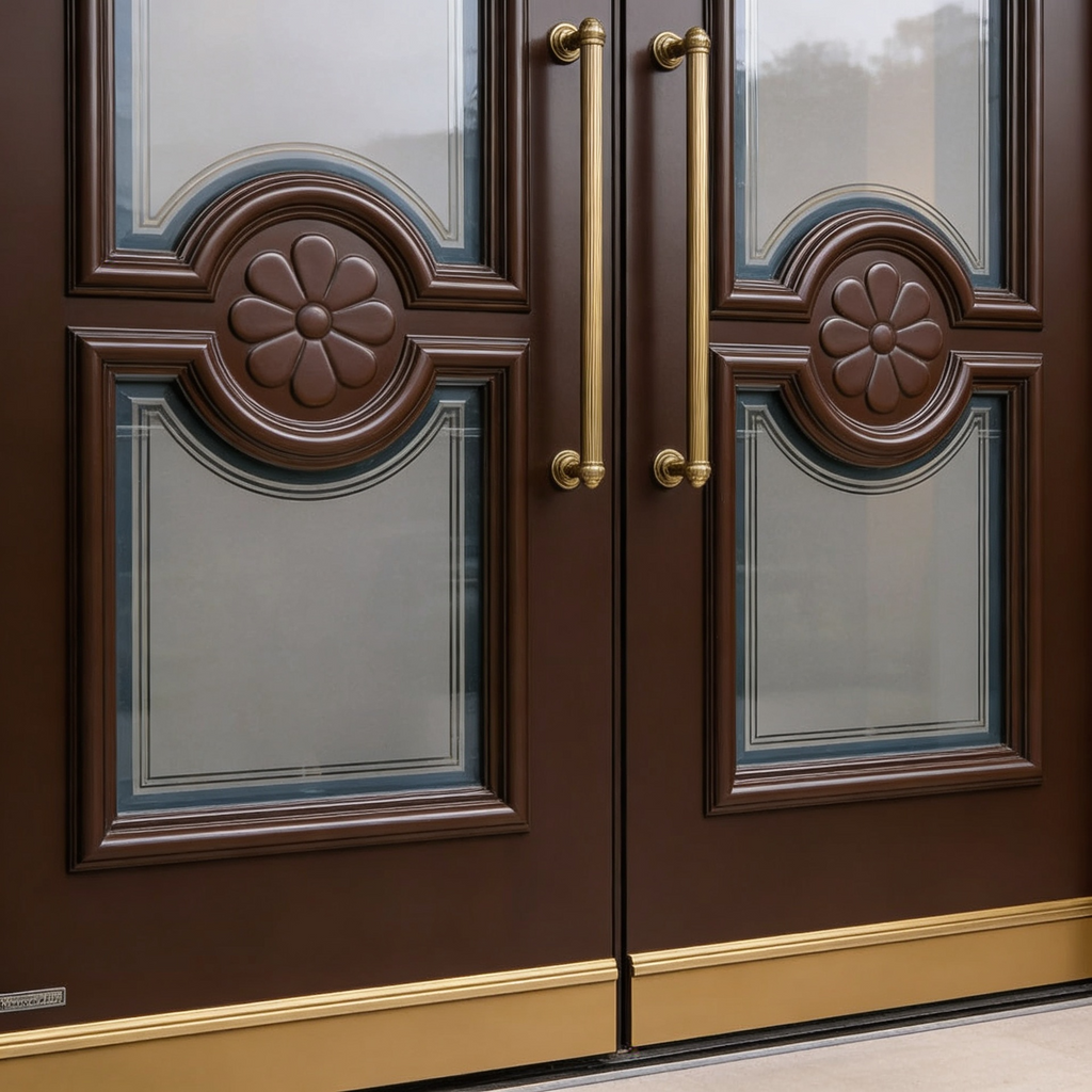 Dark Mahogany Arched Frosted Double with Floral Relief & Sidelights