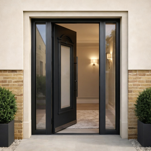 Black Arched Full-Height Frosted Single with Clear Sidelights