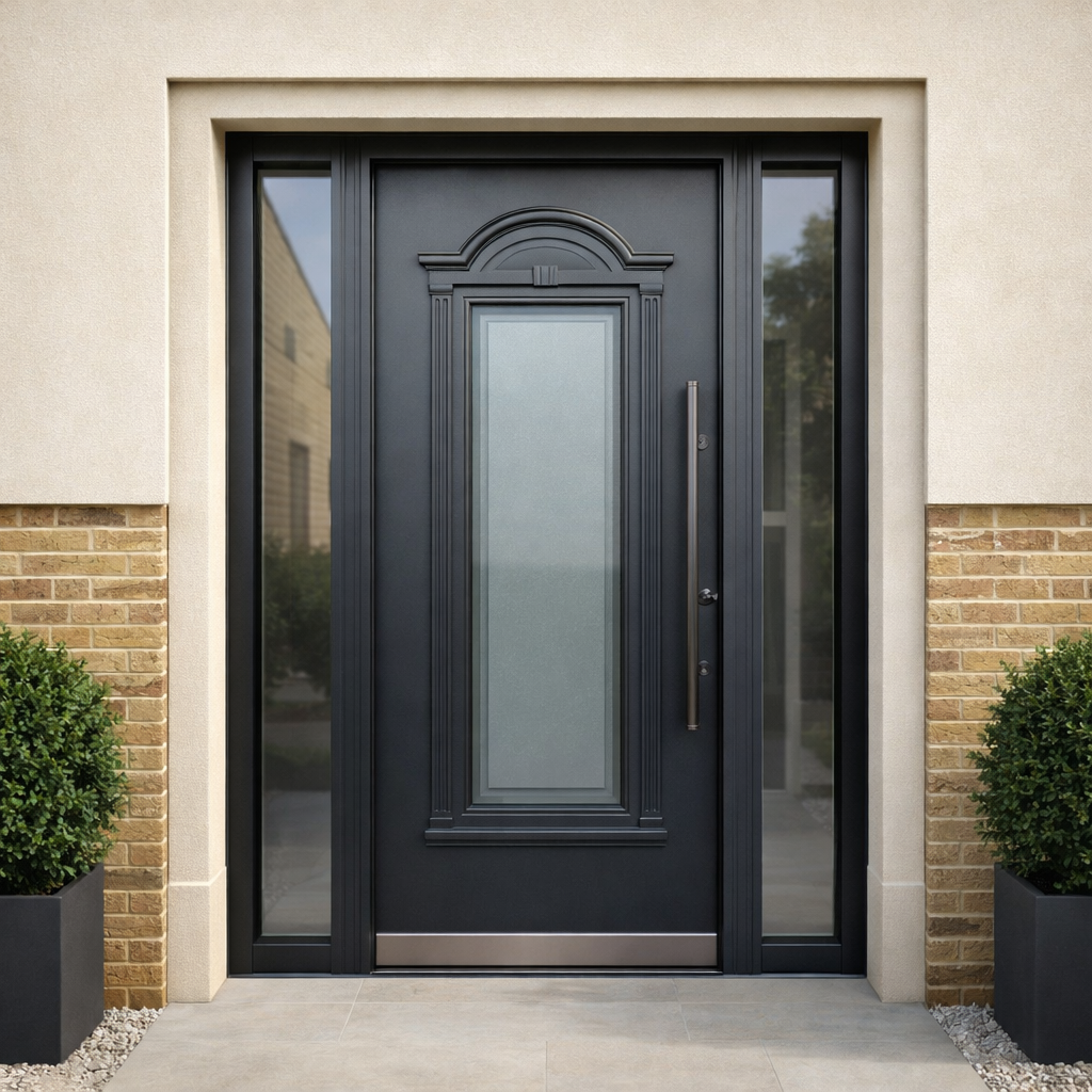Black Arched Full-Height Frosted Single with Clear Sidelights