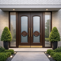 Dark Mahogany Arched Frosted Double with Floral Relief & Sidelights
