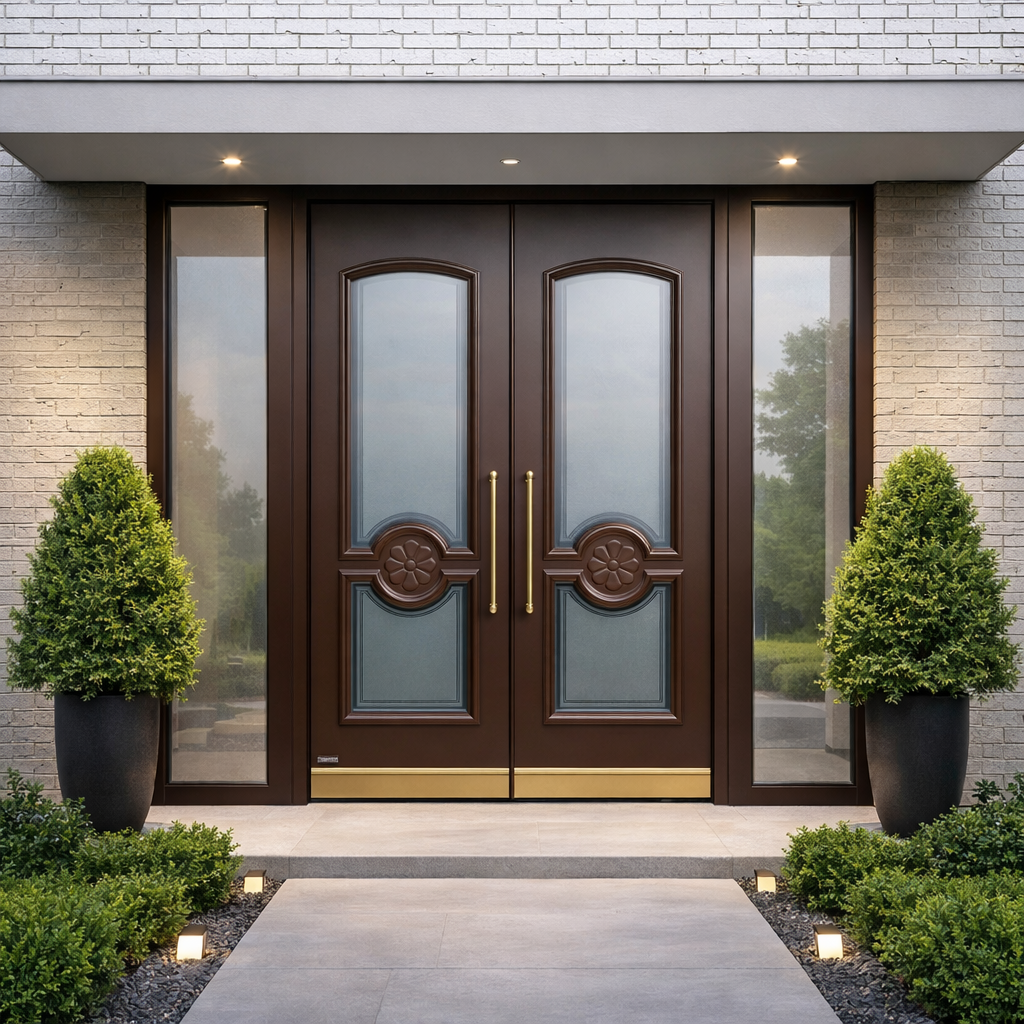 Dark Mahogany Arched Frosted Double with Floral Relief & Sidelights