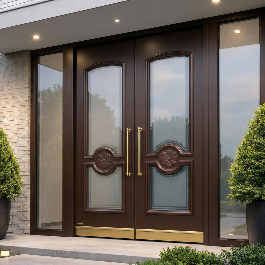 Dark Mahogany Arched Frosted Double with Floral Relief & Sidelights