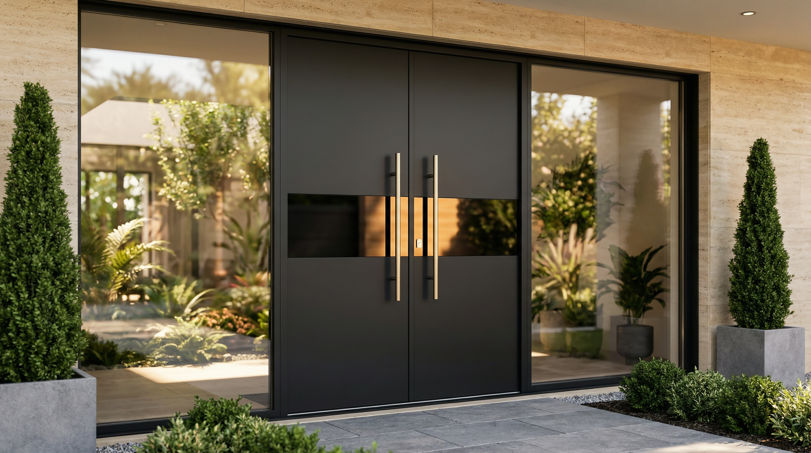 Matte Black Panel Double with Glass Insets & Full Glazed Portal