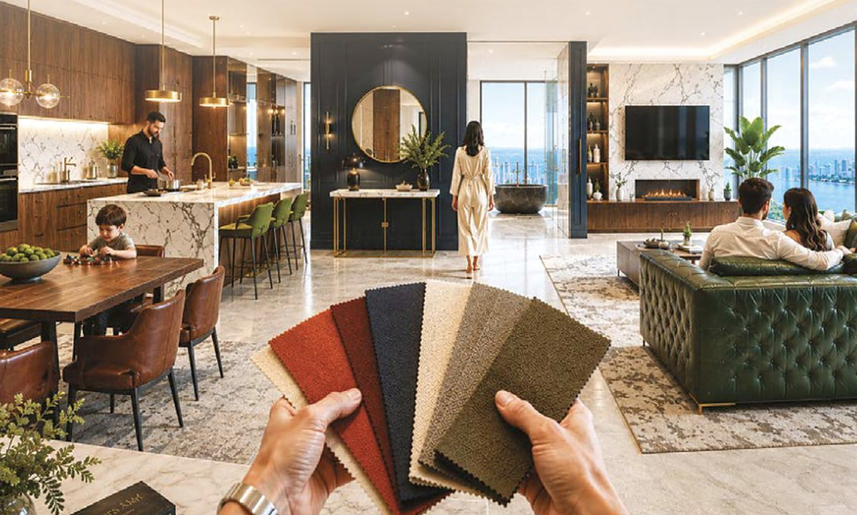 A person holds a fan of fabric color swatches in the foreground, with a modern luxury living room and kitchen in the background. The room features marble floors, dark wood cabinetry, a green tufted sofa, and people relaxing in the space.